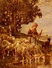Charles Emile Jacque Canvas Paintings - A Shepherdess Watering Her Flock
